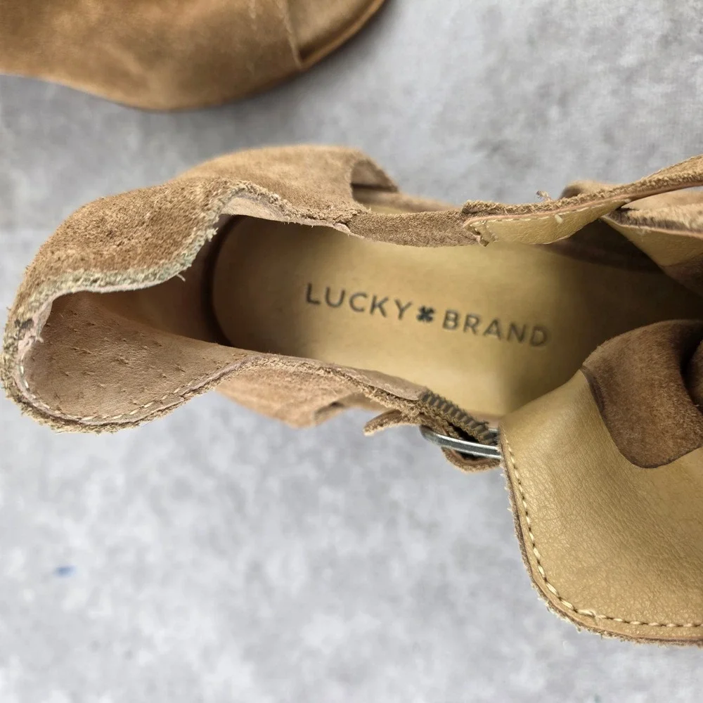 Lucky Brand Suede Peep Toe Wedge Sandals Tan Ankle Wrap Boho S1963
